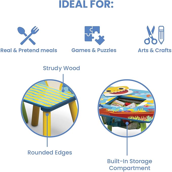 Delta Children Kids Table Storage (2 Chairs Included) -Ideal for Arts & Crafts, Snack Time, Homeschooling, Homework & More, Baby Shark, 3 Piece Set