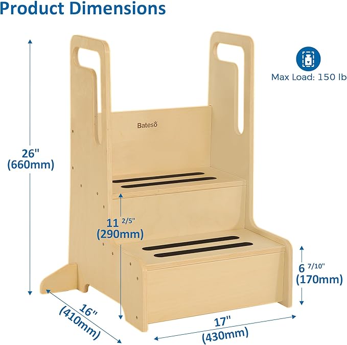 Large Kids Step Stool with Handles, Wooden Step Stool for Kids with Safety Anti-Slip Mats, Toddler Step Stool for Bathroom Sink, Kitchen, Toilet Potty Training, Washing Hands and Brushing Teeth