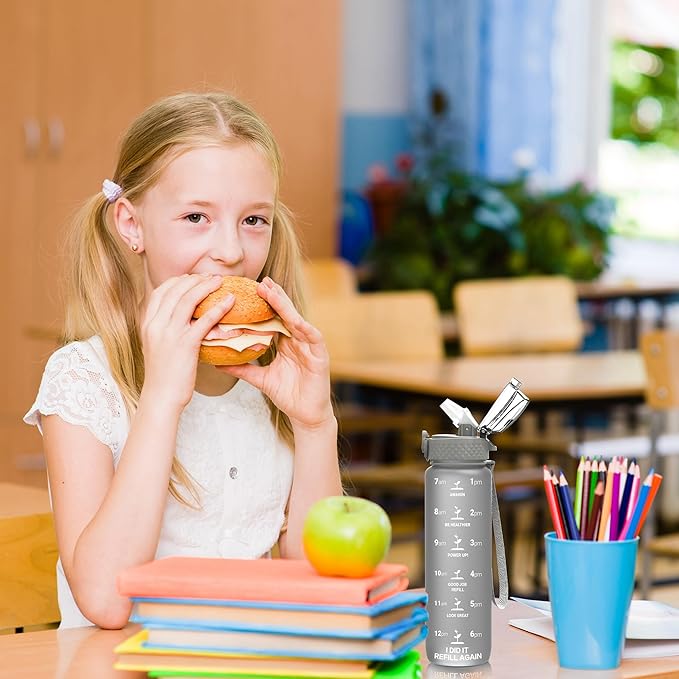 OLDLEY Kids Water Bottle for School, 17 oz (2 lids) BPA-Free Reusable Leak-proof Durable Tritan Plastic Water Bottles with Straw & Chug Lids, Anti-dust Spout Cover (Grey)