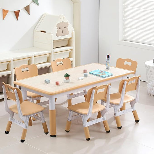 Kids Table and 6 Chair Set - Height Adjustable, Multifunctional Desk, Ergonomically Designed Chairs, Max 300lbs, for Ages 2-10, Classroom, Daycares, Home