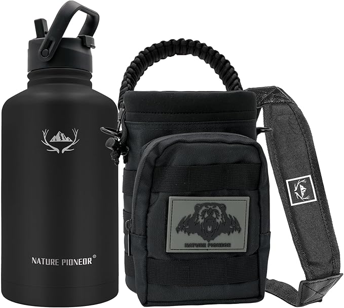 NATURE PIONEOR Tactical Water Bottle with Carrying Molle Sleeve, Stainless Steel 18/8 Food Grade Half Gallon Jug
