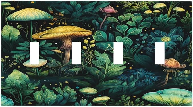 Green Dark Forest Mystical Mushroom Quad Toggle Light Switch Covers 4 Gang Wall Plate Decorative Switchplate Electrical Faceplate for Country Bathroom Bedroom Kitchen Decor