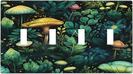 Green Dark Forest Mystical Mushroom Quad Toggle Light Switch Covers 4 Gang Wall Plate Decorative Switchplate Electrical Faceplate for Country Bathroom Bedroom Kitchen Decor