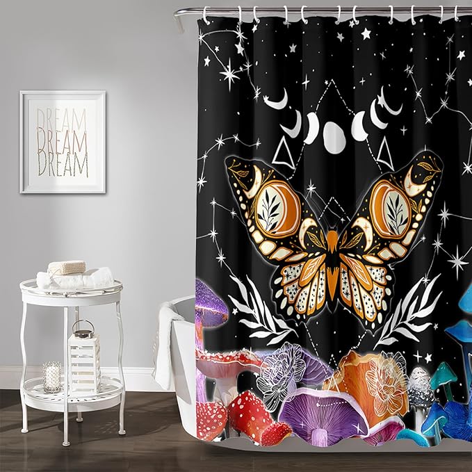 AILONEN Sun and Moon Shower Curtain,Death Moth Bath Curtain for Bathroom for Boys,Girls,Boho Hippie Style Shower Curtain,Colorful Mushroom Waterproof Fabric Shower Curtain Set with Hooks,48" W*72" H