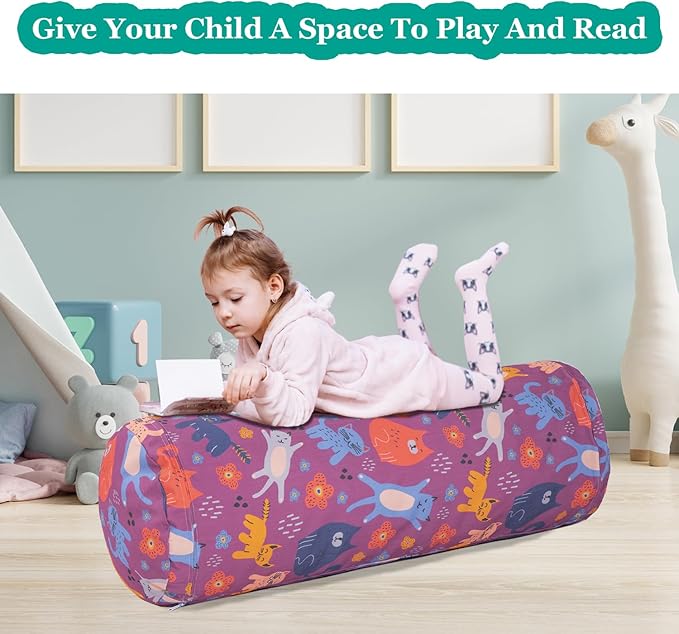 Stuffed Animal Bean Bag Storage Chair for Kids Cover Only (No Filler), Organize, Sit, Play & Boxing, 100% Cotton Canvas Washable, Ultra Soft Cylinder Long Vertical Zipper Best Gift for Child