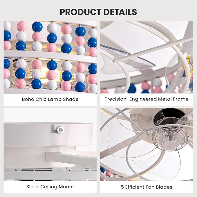 Moooni Colorful Wood Beaded Ceiling Fan with Light 19 inch Boho Wood Beaded Fandelier 6 Speed Flush Mount Ceiling Fan with Light Boho Fandelier