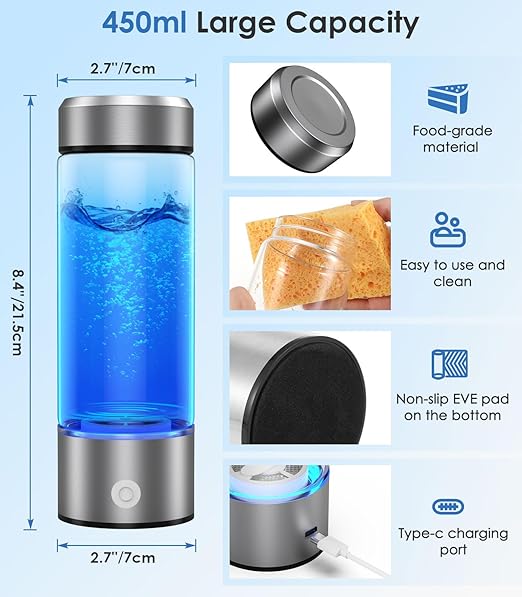 Hydrogen Water Bottle, Type-C Rechargeable Hydrogen Water Bottle Generator 3Min Quick Electrolysis, Portable Health Hydrogen Water Machine for Home Office Travel and Daily Drinking, SilverGray