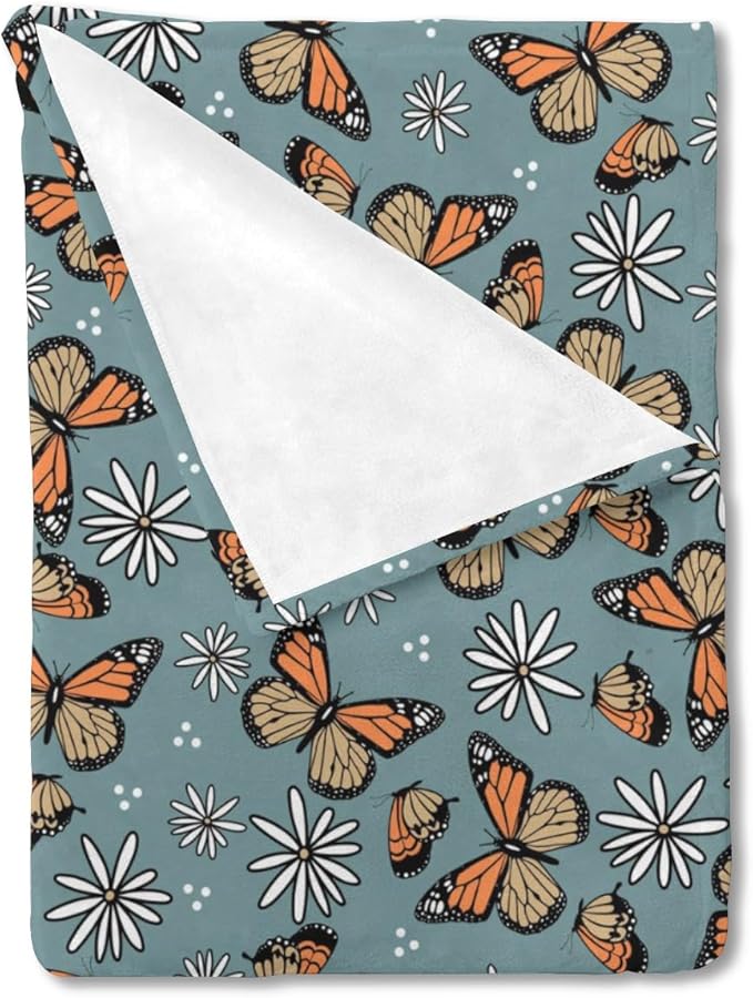 Butterfly Daisy Flower Baby Blanket for Girls Gift, Blue Yellow Floral Flannel Fleece Nursery Bed Receiving Blankets, Soft Warm Lightweight Newborn Infant Toddler Kids Crib Bedding 50 x 60