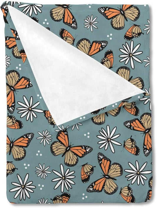 Butterfly Daisy Flower Baby Blanket for Girls Gift, Blue Yellow Floral Flannel Fleece Nursery Bed Receiving Blankets, Soft Warm Lightweight Newborn Infant Toddler Kids Crib Bedding 50 x 60
