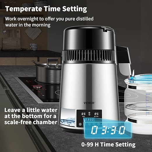 VEVOR Water Distiller, 304 Stainless Steel Countertop Water Stiller, 0.3Gal/H, 0-99H Timing Dual Temp Display, 1.1Gal Distilled Water Maker Machine, Glass Carafe, 3 Carbon Bags, Citric Acid Powder