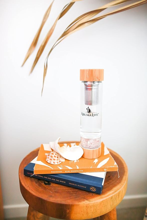 Crystal Water Bottle with a Loose-Leaf Tea/Fruit Infuser, Safe for Hot and Cold Drinks, Eco-friendly & Plus BONUS Protective Sleeve & Extra Set of Crystals Amethyst & Rose Quartz