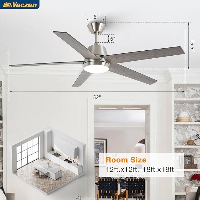 Ceiling Fans with Lights and Remote 52 Inch Modern Ceiling Fan with 6 Speeds, Dimmable LED, Reversible Noiseless DC Motor, Two-Color Blades, Cooling Fan for Bedroom, Living Room, Dining Room
