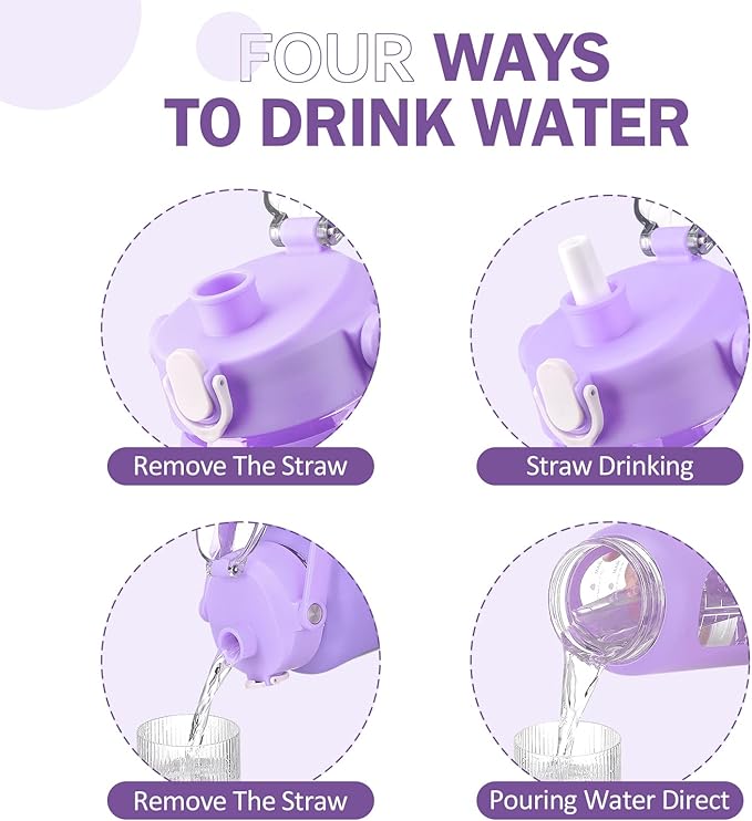 kytffu 42oz Glass Water Bottles with Straw, Motivational Glass Bottle with Silicone Sleeve and Time Marker, Leakproof Large Glass Water Jug for Gym Home Office,Purple