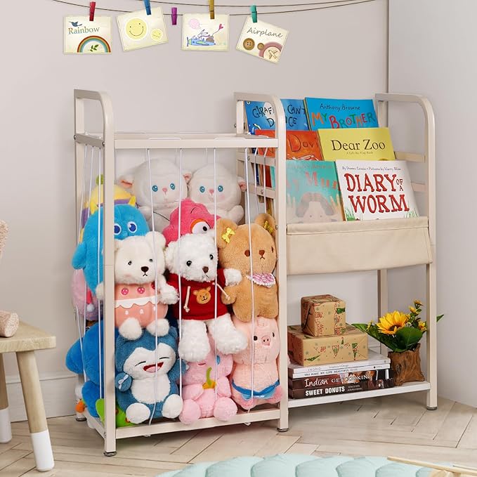 Trycooling Stuffed Animal Storage with Kids Bookshelf Book and Toy Organizer for Kids 3-Tier Bookshelf Organize Books with Elastic Cord Stuffed Animal Holder for Plushie Toys, for Kids Room, Playroom
