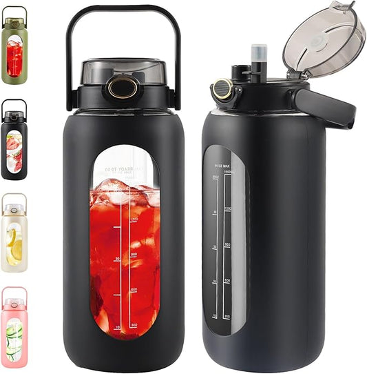 64oz Glass Water Bottle with Straw and Handle - Half Gallon Motivational Water Jug with Time Marker and Silicone Sleeve, Leak proof Wide Mouth Water Flask for Gym, Sports, and Daily Use (Black)