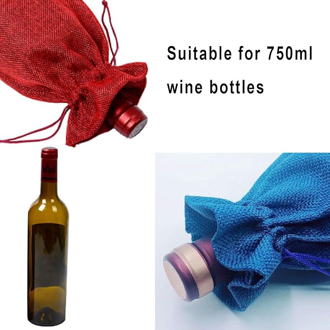 12 Pack Burlap Wine Bag Wine Bottle Gift Bags Pouches with Drawstring for Wedding Party Favors Christmas Holiday and Wine Tasting Party (Wine Red, Gray, Blue)