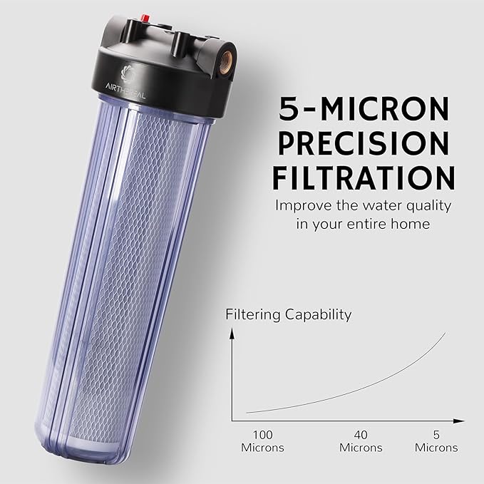 Airthereal Whole House Water Filter Housing, 20" x 4.5" Sediment Carbon Cartridge Universal Housing, Pre-Filtration System for Well and City Water, Clear Housing Include 1-Pack PP Filter