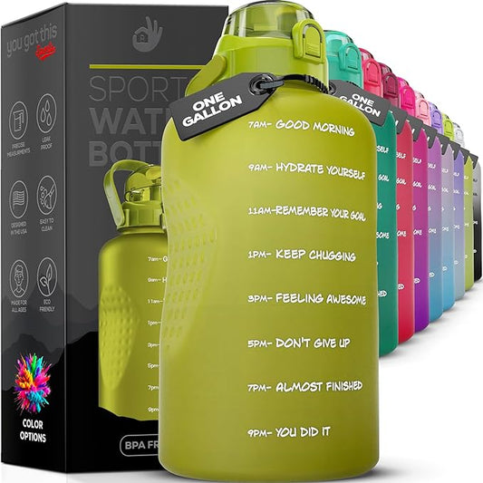 Motivational Water Bottle with Straw & Handle,One Gallon Water Bottle 128 oz/3.8L,Reusable Water Jug, Achieve All-Day Hydration SpillProof, BPA FREE