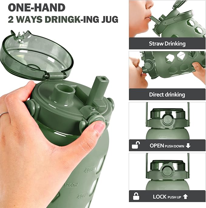 MUKOKO 56oz Glass Water Bottles with Straw and Lid,Motivational Water Jug with Time Marker Reminder and Silicone Sleeve,100% Leakproof BPA Free Fitness Sports Large Bottle-Olive