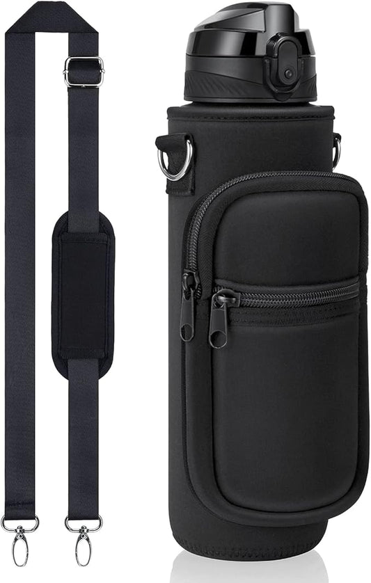 Fimibuke 32 oz Water Bottle with Sleeve - BPA Free Leakproof Sport Large 1L Plastic Motivational Water Bottle with Straw Strap & Insulated Neoprene Holder Carrier Bag Great Xmas Gift for Women Men