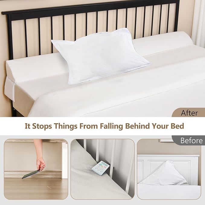 Vekkia Queen Bed Wedge Pillow for Headboard/Wedge Pillow Headboard/Bed Gap Filler/Headboard Pillow,Pillow Wedge for Headboard Gap,Stop Loosing Your Pillows,Phone&Glasses(White 60"x6.5"x4.5")