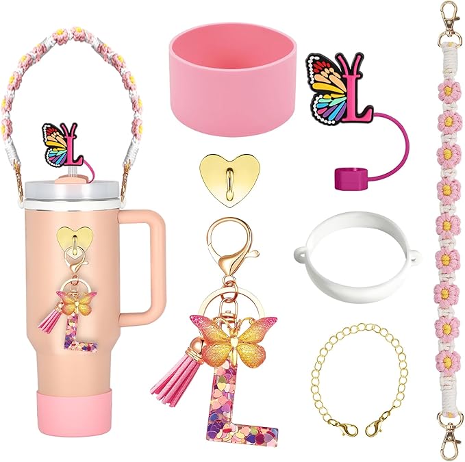 Stanley Cup Accessories Include Silicone Stanley Straw Cover, Butterfly Letter KeyChain Charms, Water Bottle Handle Strap, Boot and Chain for Stanley Cup 30oz 40oz Tumbler