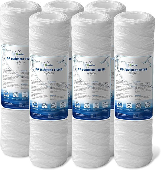 BLUERISE 5 Micron 10"x2.5" Wire Wound Whole House Water Filter Replacement Cartridge - 6 Pack