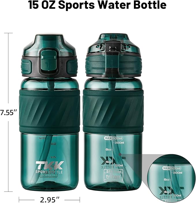 TKK 15oz Sports Water Bottles with Removable Straw Durable BPA Free Tritan Bottles Leak-Proof Water Bottles for School, Fitness, Gym, Outdoor, Green