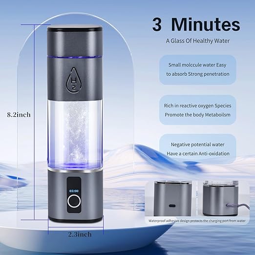 Hydrogen Water Bottle, 2 Modes Rechargeable Portable Hydrogen Water Bottle Generator, Highest 6000PPB, That Uses SPE and PEM Technology, LED Display(Press and Hold for 5 Seconds to Turn on)