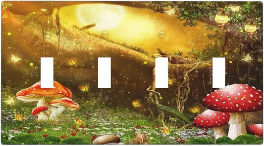 Red Mushroom Forest Fairy Moon Butterfly Quad Toggle Bohemian Light Switch Covers Decorative 4 Gang Wall Plate Electrical Faceplate Switchplate for Kidroom Nursery Bedroom Decor