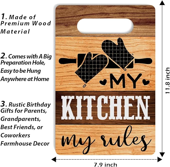 Farmhouse Kitchen Decor, Kitchen Signs Wall Decor, Wall Decor for Kitchen, My Kitchen My Rules Sign, Kitchen Decorations, Kitchen Door Wall Hanging Decor, Kitchen Gifts for Women 8 x 12 Inch
