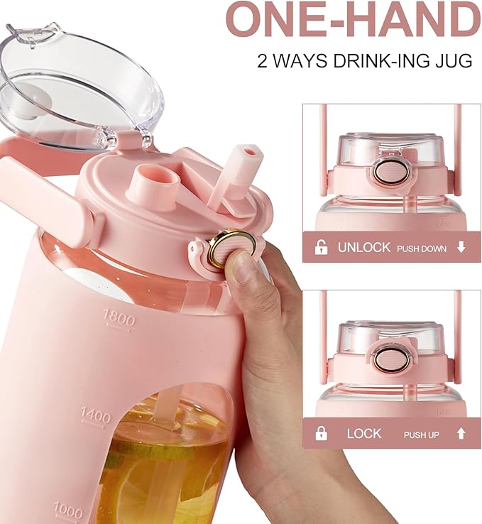 TKK 64 OZ Glass Water Bottle with Straw and Handle Half Gallon Bottle with Silicon Sleeve 2L Sports Water Bottles for Fitness, Gym, Workout - Pink