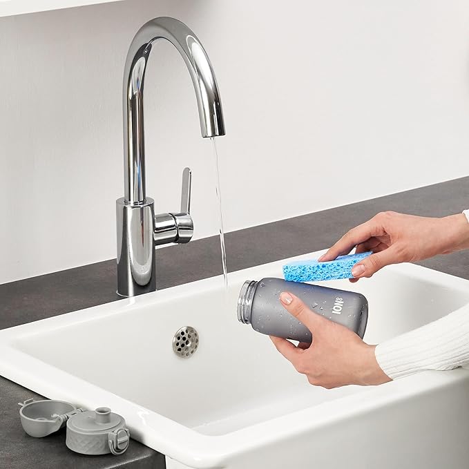 Ion8 Small Water Bottle, 350 ml/12 oz, Leak Proof, Easy to Open, Secure Lock, Dishwasher Safe, BPA Free, Carry Handle, Hygienic Flip Cover, Easy Clean, Odor Free, Carbon Neutral, Grey