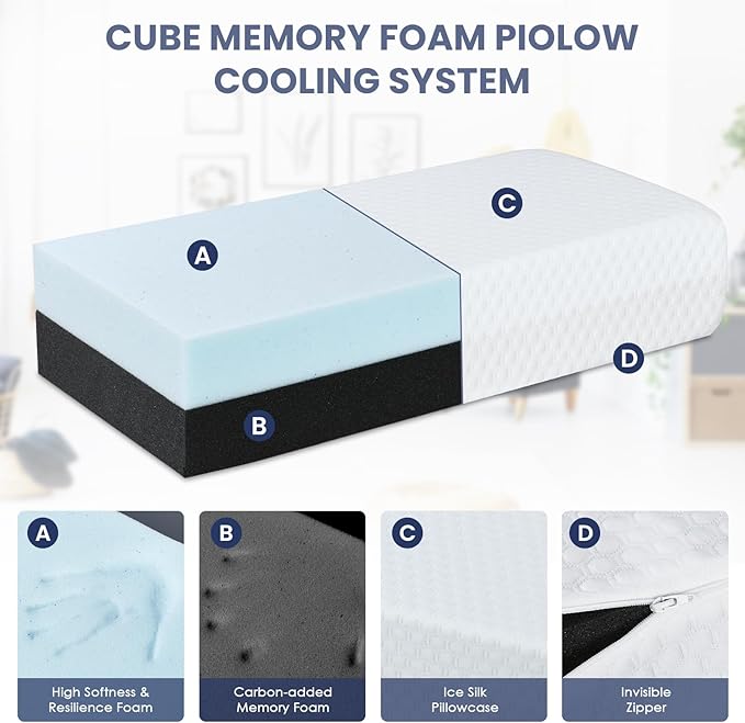 Cooling Cube Pillow for Side Sleepers Memory Foam Pillows for Neck and Shoulder Pain Relief Firm Soft Bed Pillow Dual Sided Supportive Square Rectangle Cervical Neck Pillows 24x12x5 Inches