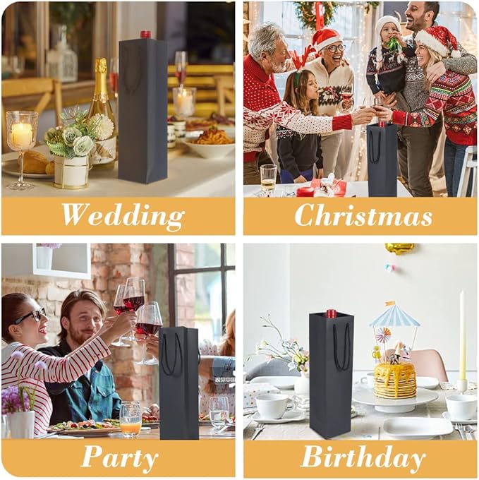 HRX Package Sturdy Kraft Paper Single Bottle Wine Gift Bags, 12PCS Quality Paper Wine Tote Bags with Handles for Christmas, Party, Shopping, Retail Merchandise (Black)