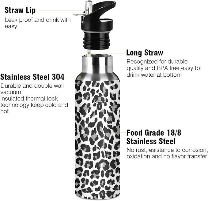 Qilmy Black and White Leopard Water Bottle Vacuum Insulated Stainless Steel Water Bottles with Straw Lid Leakproof Wide Mouth Water Flask for Fitness Outdoor Sports, 20 oz