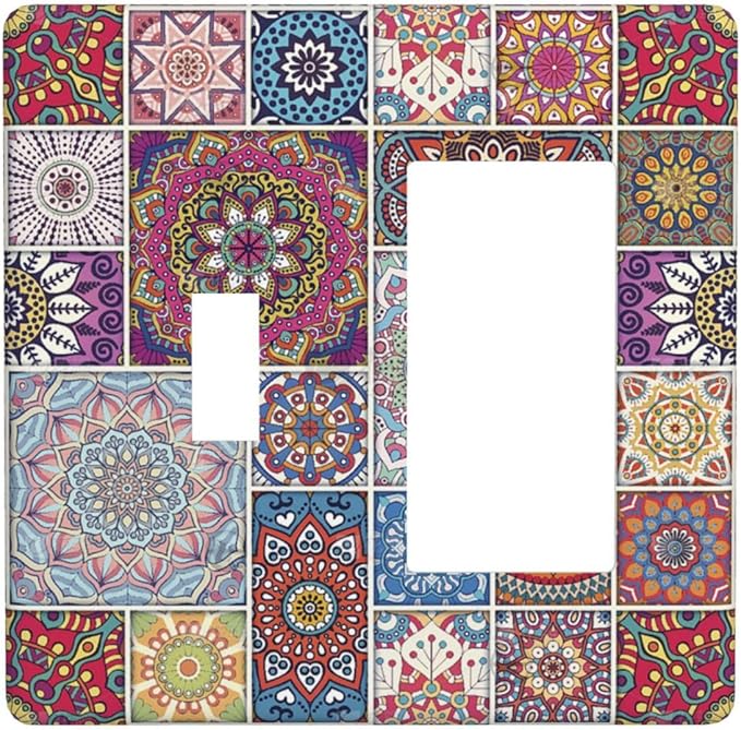 Morocco Talavera Mexican Tiles Printed Colroful Mandala 2 Gang Single Toggle Rocker Combination Light Switch Covers Wall Plate Cover Electrical Faceplate Decorative Switchplate for Kitchen Bathroom