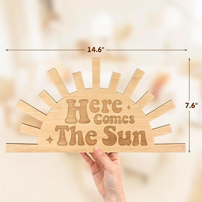 Here Comes The Sun Wooden Wall Sign Boho Nursery Room Decoration Sunshine Laser Cutting Engraved 14.6x7.6” Wall Decor for Home Living Room Kitchen Bathroom Bedroom Playroom
