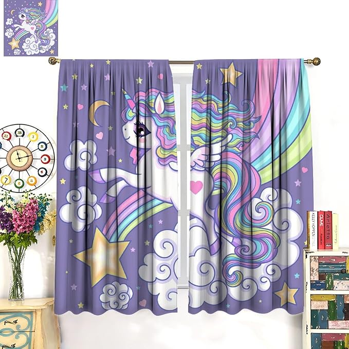 Kids Unicorn Curtains Purple Cartoon Rainbow Cartoon Room Blackout Curtains Boys Girls Baby Room Decor Curtains Living Room Decor 52x84 Inch 2 Panels