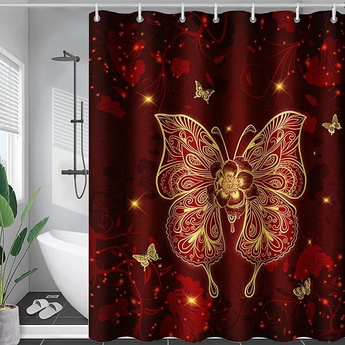AILONEN Rose Butterfly Waterproof Curtain,Red and Gold Butterfly Floral Bath Curtain,Modern Chic Flower Polyester Fabric Red Curtain with 12 Plastic Hooks, 72" W x 78" H