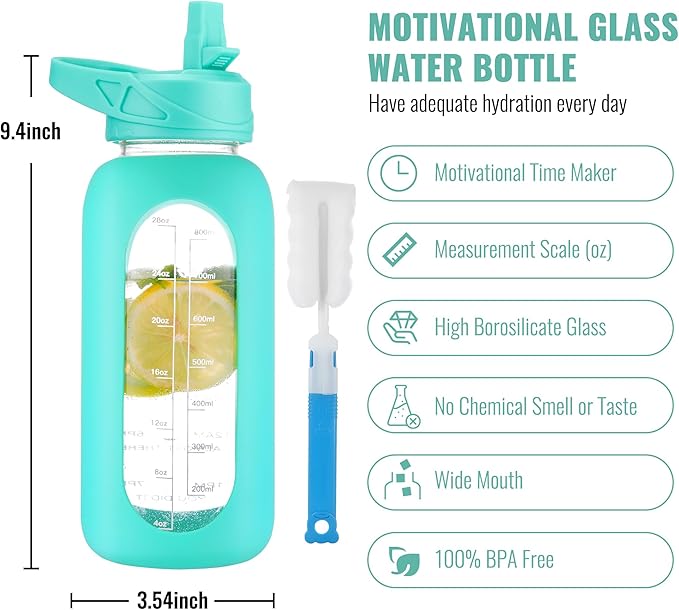 CIVAGO 32 oz Glass Water Bottle with Straw and Handle, Large Sports Motivational Water Bottle Flask with Time Marker, Leakproof Water Jug Canteen with Silicone Sleeve for Gym,Mint Matte