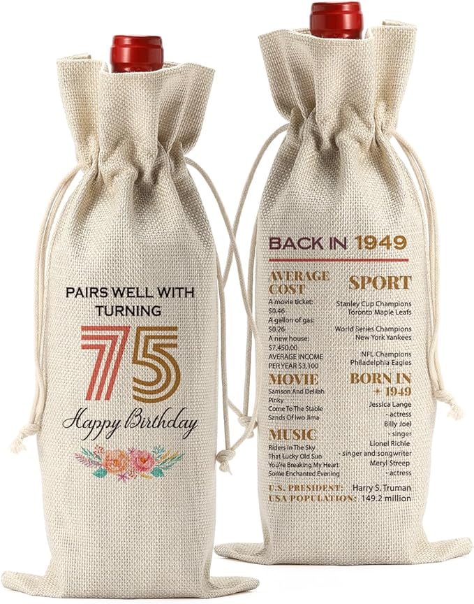 Funny 75th Birthday Gifts for Women Men Wine Bag, Happy Anniversary 75th birthday Party Decorations for Women Men Wine Bags, Birthday Gifts for 75 Year Olds Wine Bottle Bag