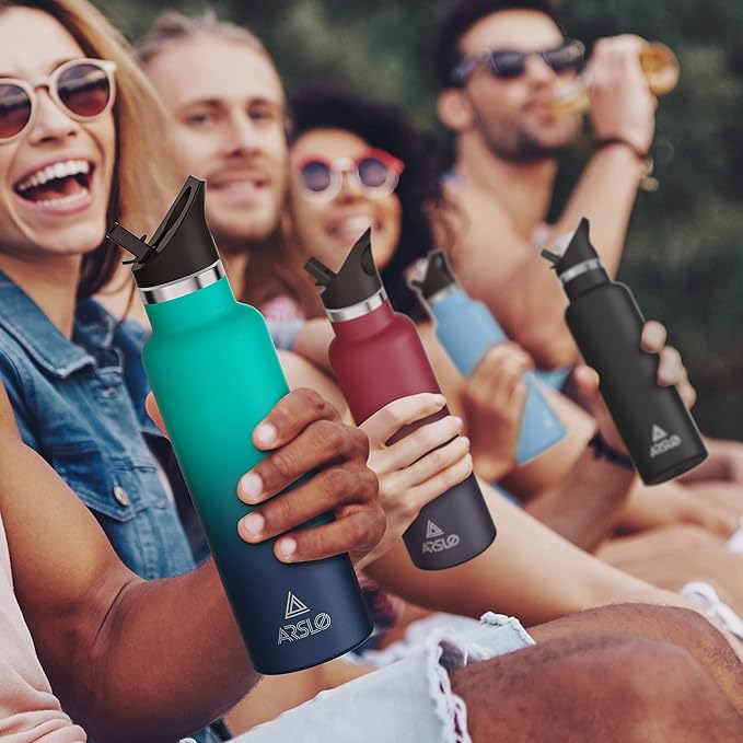 Stainless Steel Water Bottle with Straw - Insulated Water Bottle for Sports, Gym, School, Commute, Adults/Kids - Keep Cold for up to 24 Hours - Sweat/Leak-proof - 2 Lids - BPA Free