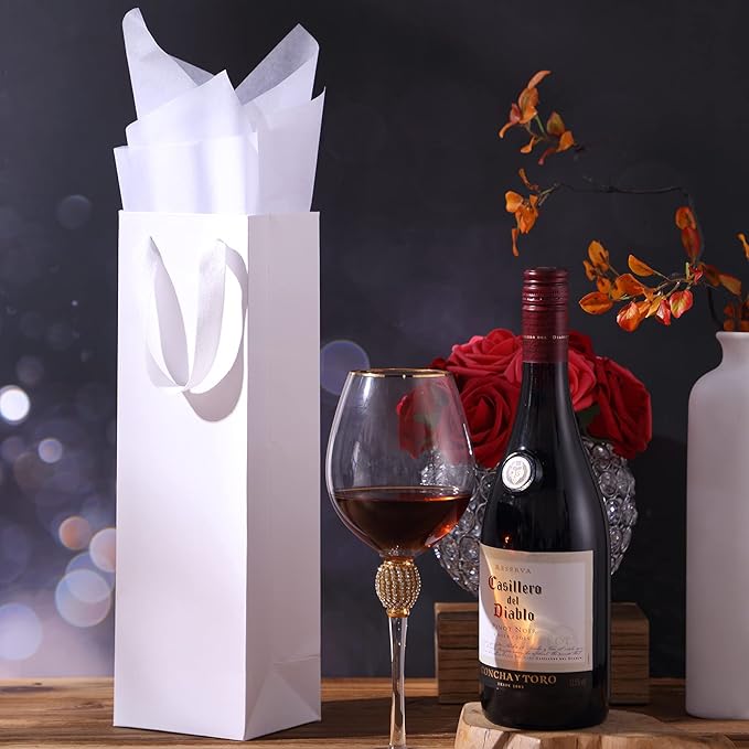 24 Pieces Christmas Kraft Wine Bag Paper Wine Bag, Wine Bottle Bag Holder with Handles with Kraft Tissue Paper Retail Wine Bag Bulk for Wedding Party, 4 x 3.5 x 14 Inch(White)