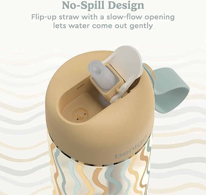 Bentgo Kids Water Bottle (Whimsy & Wonder Collection) - Leak-Proof Durable Tritan 15 oz. Cup for Kids/Toddlers 3+; Flip-Up Safe-Sip Straw for School, Sports, Daycare, Camp & More (Wavy)