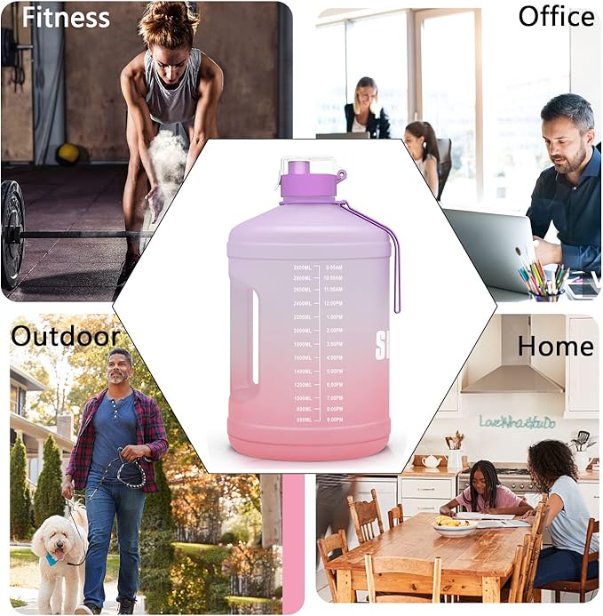 Gallon Big Water Bottle with Handle, 128oz Leakproof BPA Free Fitness Sports Water Bottle with Motivational Time Marker & Wide Mouth Ensure You Drink More Water