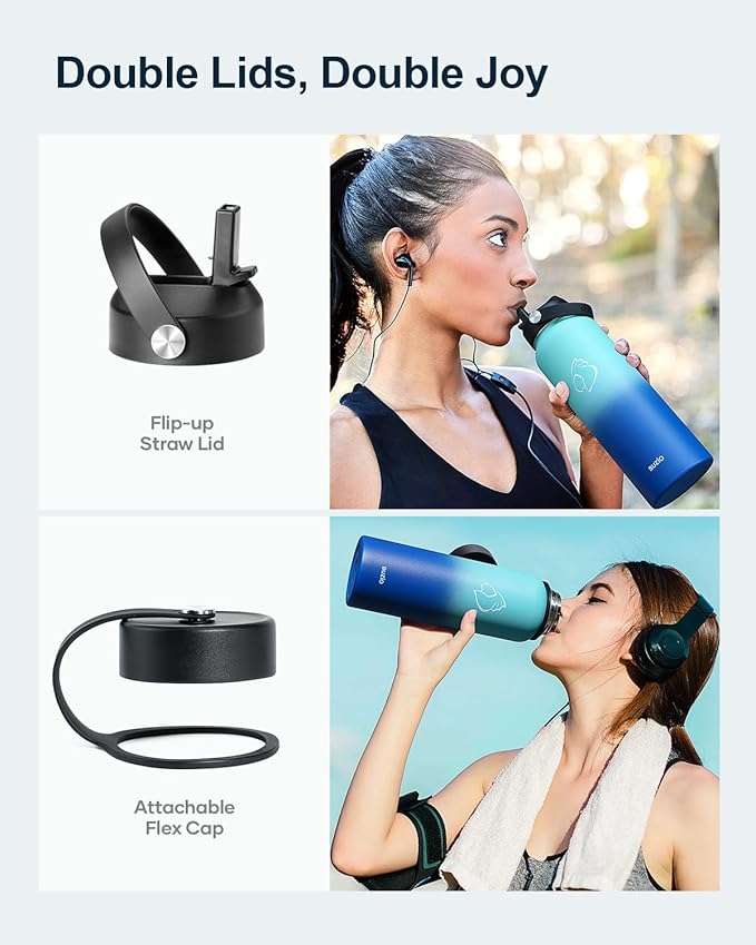 BUZIO Double Wall Stainless Steel Sports Wide Mouth Water Bottle, BPA-Free Flex Cap and Straw Lid, 40 Ounces & 32 Ounces Water Bottle, Sea Breeze