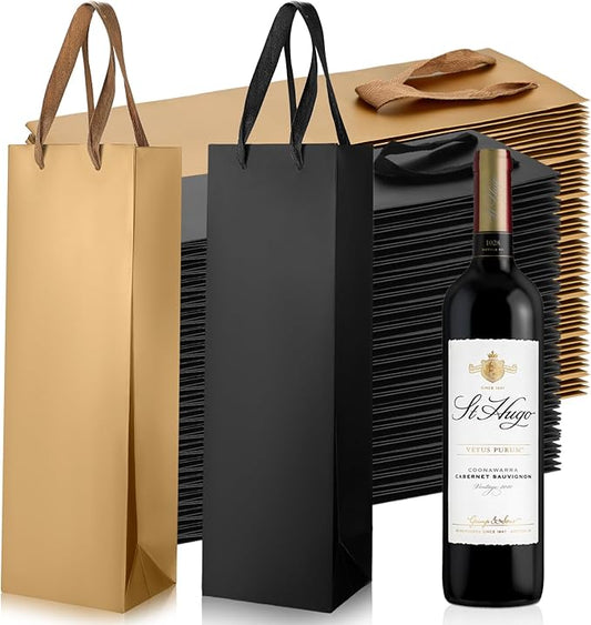 Fumete 50 Pack Wine Bottle Gift Bags Paper Wine Gift Bags Bulk 13.8x3.7x3.5 Wine Bags with Handles Appreciation Gifting Bags for Christmas Wedding Anniversary Birthday Party(Black, Gold)