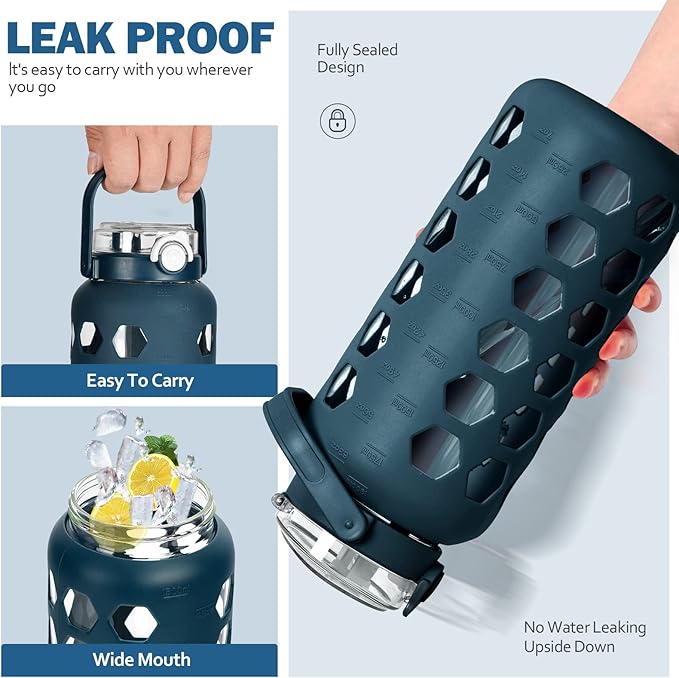 MUKOKO Half Gallon/64 oz Glass Water Bottles with Straw and Lid,Motivational Water Jug with Time Marker Reminder and Silicone Sleeve,100% Leakproof BPA Free Fitness Sports Large Bottle-Blue