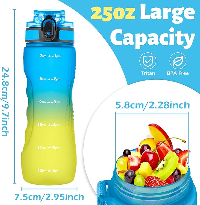 OLDLEY 25 oz Water Bottle, Motivational Water Bottle with Time Marker, Sports Water Bottle With Strap, Leakproof & BPA Free Large Water Bottles for School, Gym, Travel, Outdoor, Tritan,Yellow&Blue
